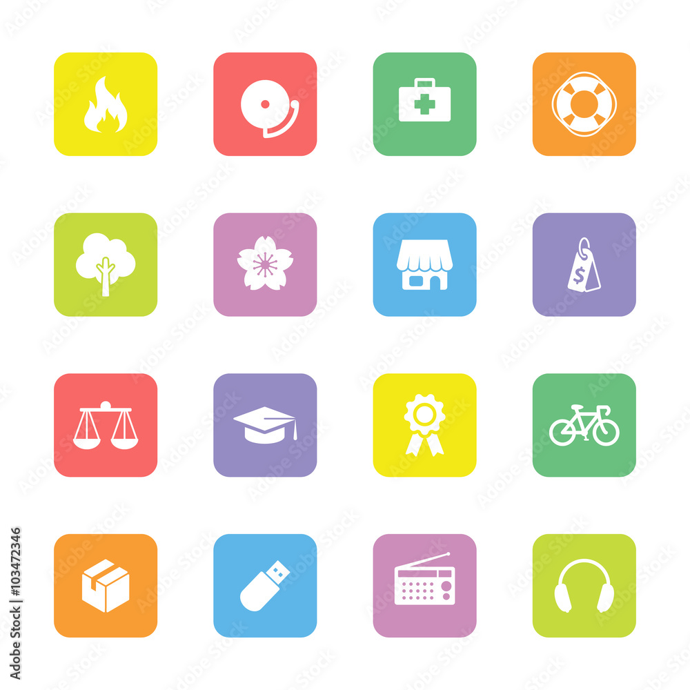 Colorful simple flat icon set 6 on rounded rectangle for web design, user interface UI, infographic and mobile application Colorful simple flat icon set 6 on rounded rectangle for web design, user interface UI, infographic and mobile application