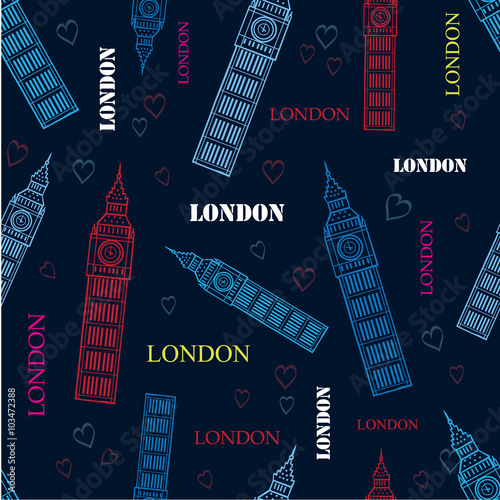 Vector London Big Ben Tower Dark Blue Seamless Repeat Pattern With Hand Drawn Symbols, Words and hearts.