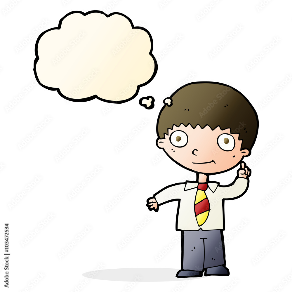 cartoon school boy with idea with thought bubble cartoon school boy with idea with thought bubble