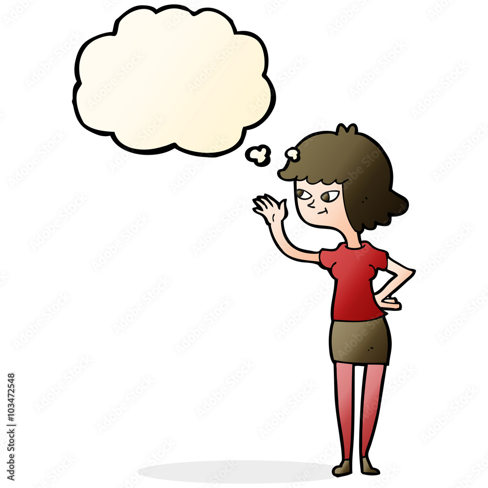 cartoon friendly girl waving with thought bubble cartoon friendly girl waving with thought bubble