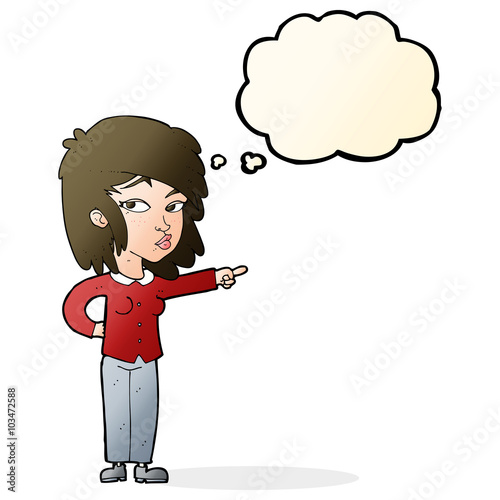 cartoon woman pointing with thought bubble