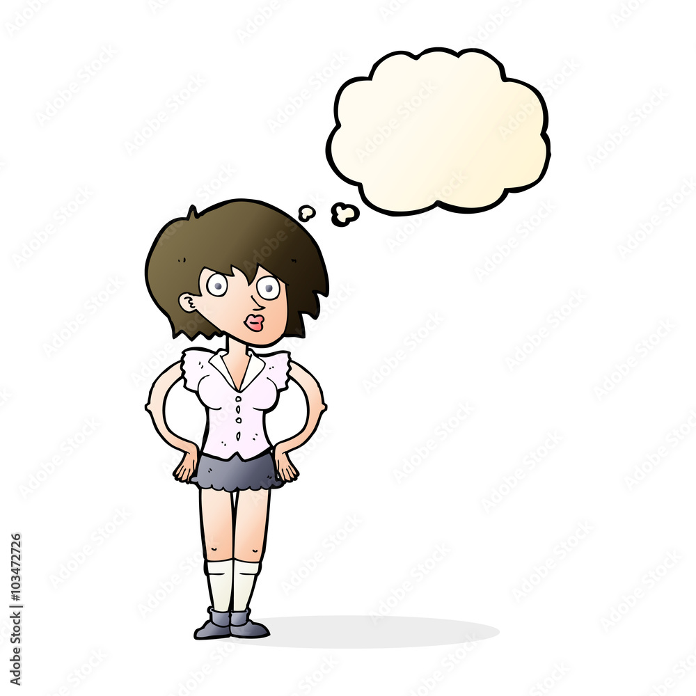 cartoon surprised woman with hands on hips with thought bubble cartoon surprised woman with hands on hips with thought bubble