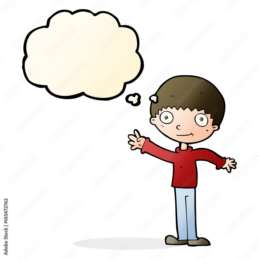 cartoon happy waving boy with thought bubble cartoon happy waving boy with thought bubble