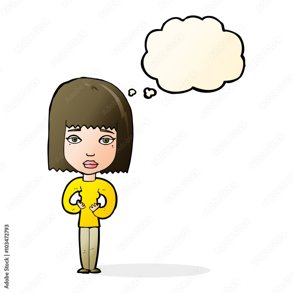 cartoon woman indicating self with thought bubble cartoon woman indicating self with thought bubble