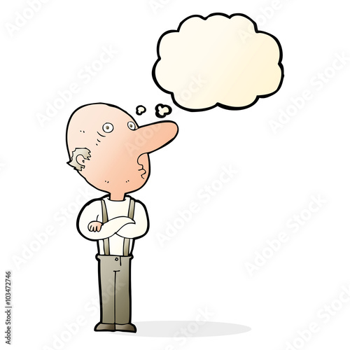 cartoon old man with folded arms with thought bubble