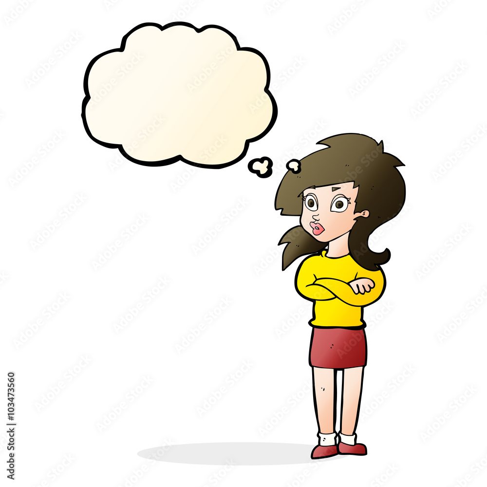 Fototapeta cartoon woman with folded arms with thought bubble