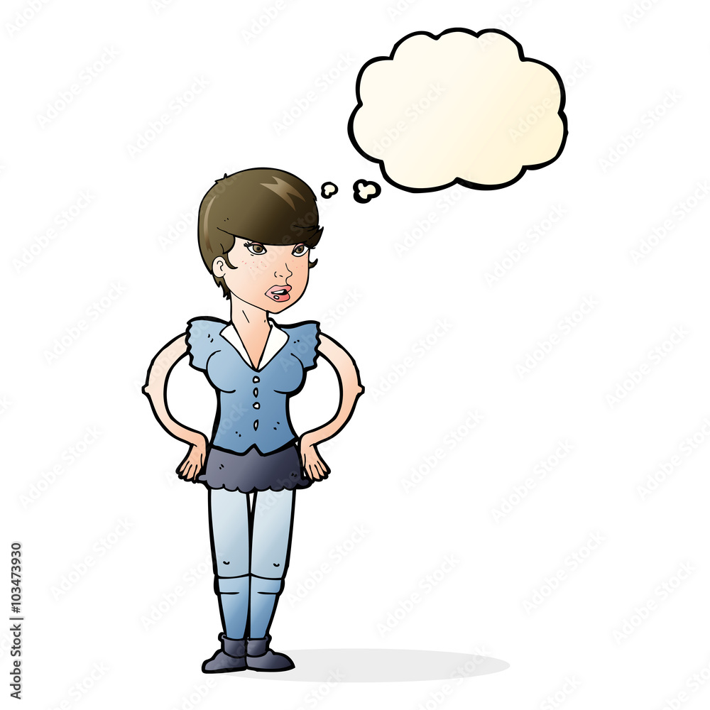 cartoon woman with hands on hips with thought bubble cartoon woman with hands on hips with thought bubble