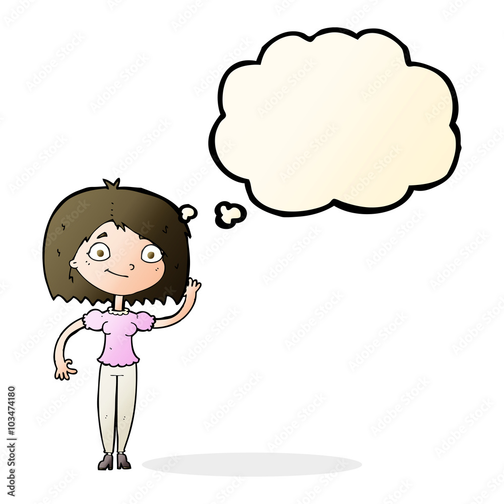 cartoon woman waving with thought bubble cartoon woman waving with thought bubble