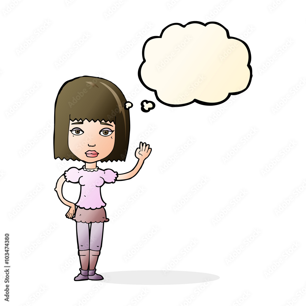 cartoon woman waving with thought bubble cartoon woman waving with thought bubble