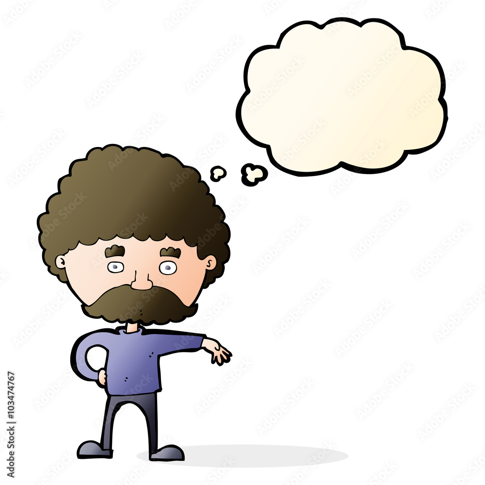 cartoon man with mustache making camp gesture with thought bubbl