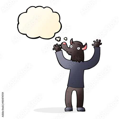 cartoon happy werewolf man with thought bubble