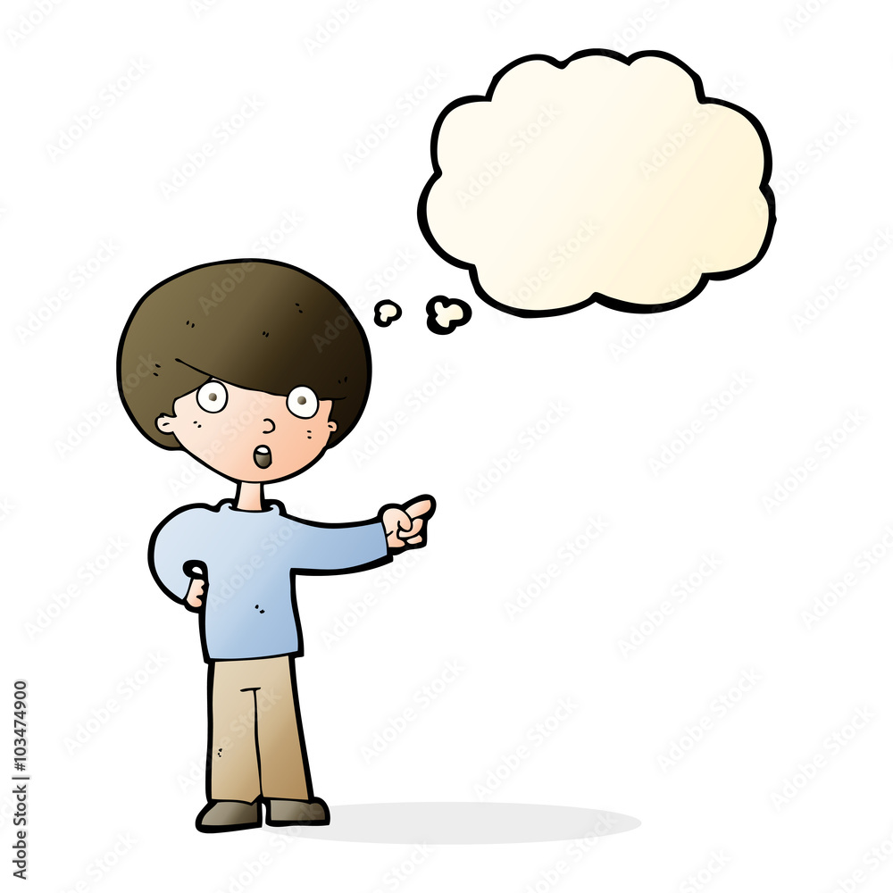 cartoon pointing boy with thought bubble cartoon pointing boy with thought bubble