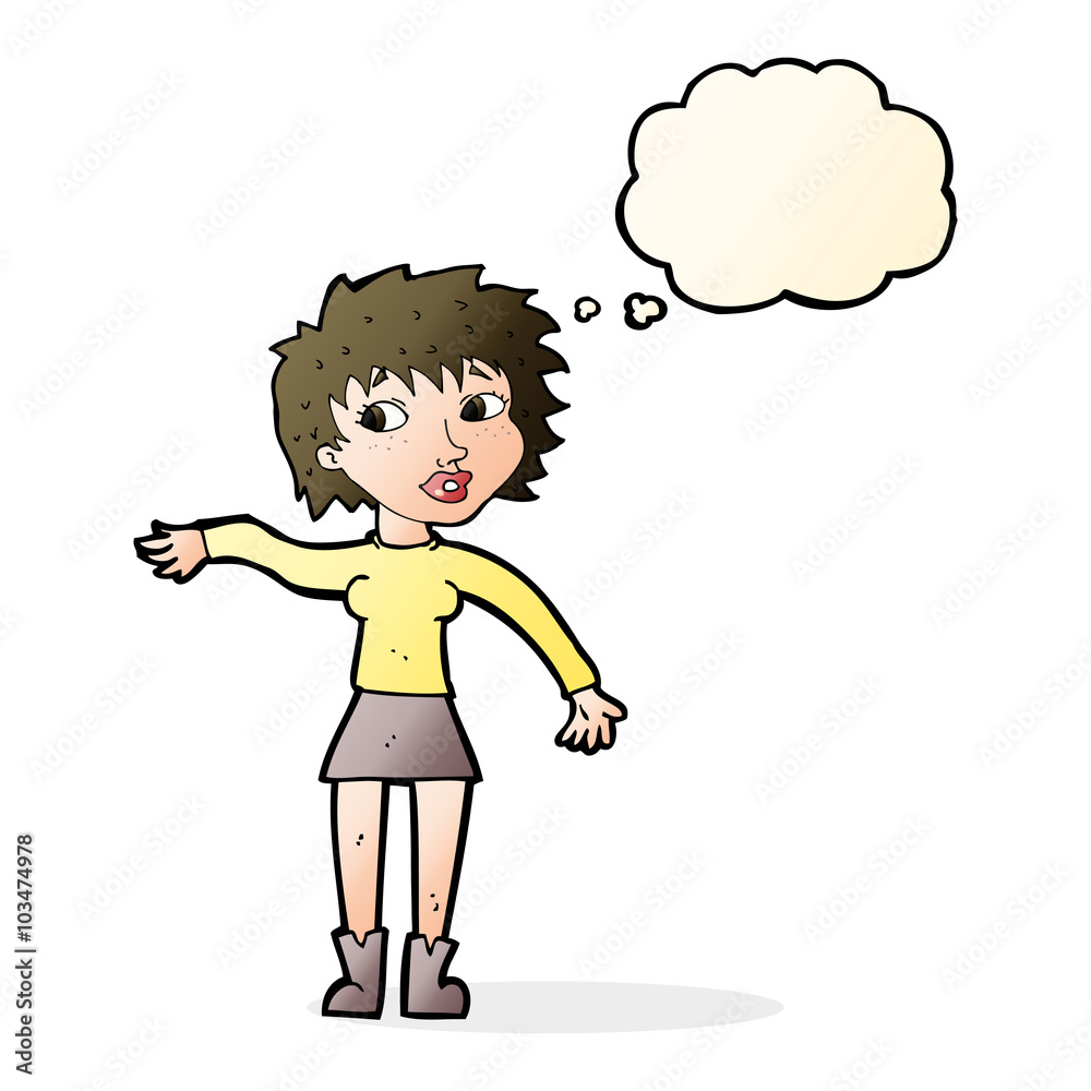 cartoon friendly woman waving with thought bubble cartoon friendly woman waving with thought bubble