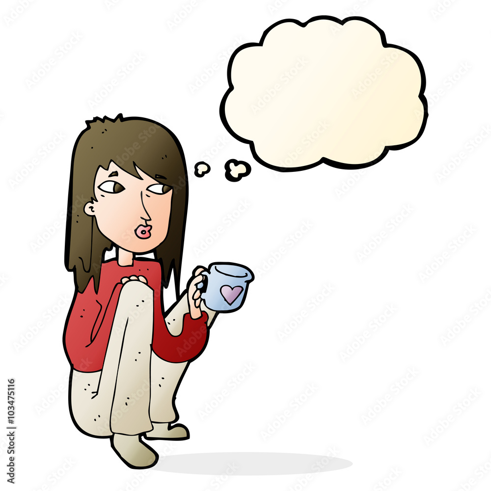 Fototapeta premium cartoon woman sitting with cup of coffee with thought bubble