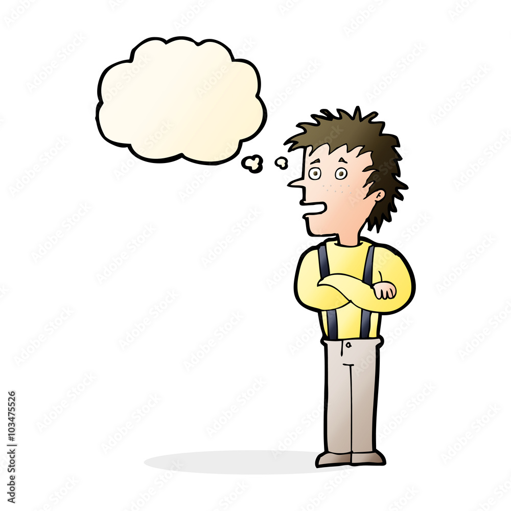 cartoon boy with folded arms with thought bubble cartoon boy with folded arms with thought bubble