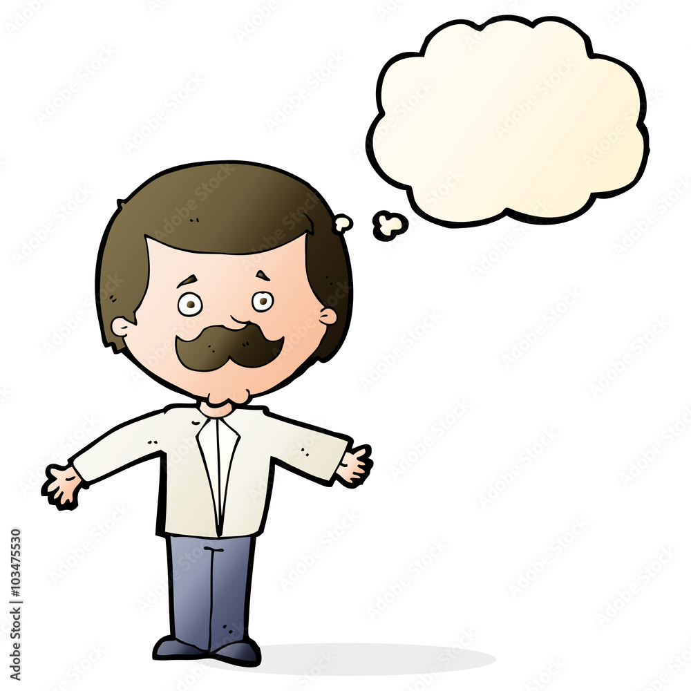 cartoon mustache man with open arms with thought bubble