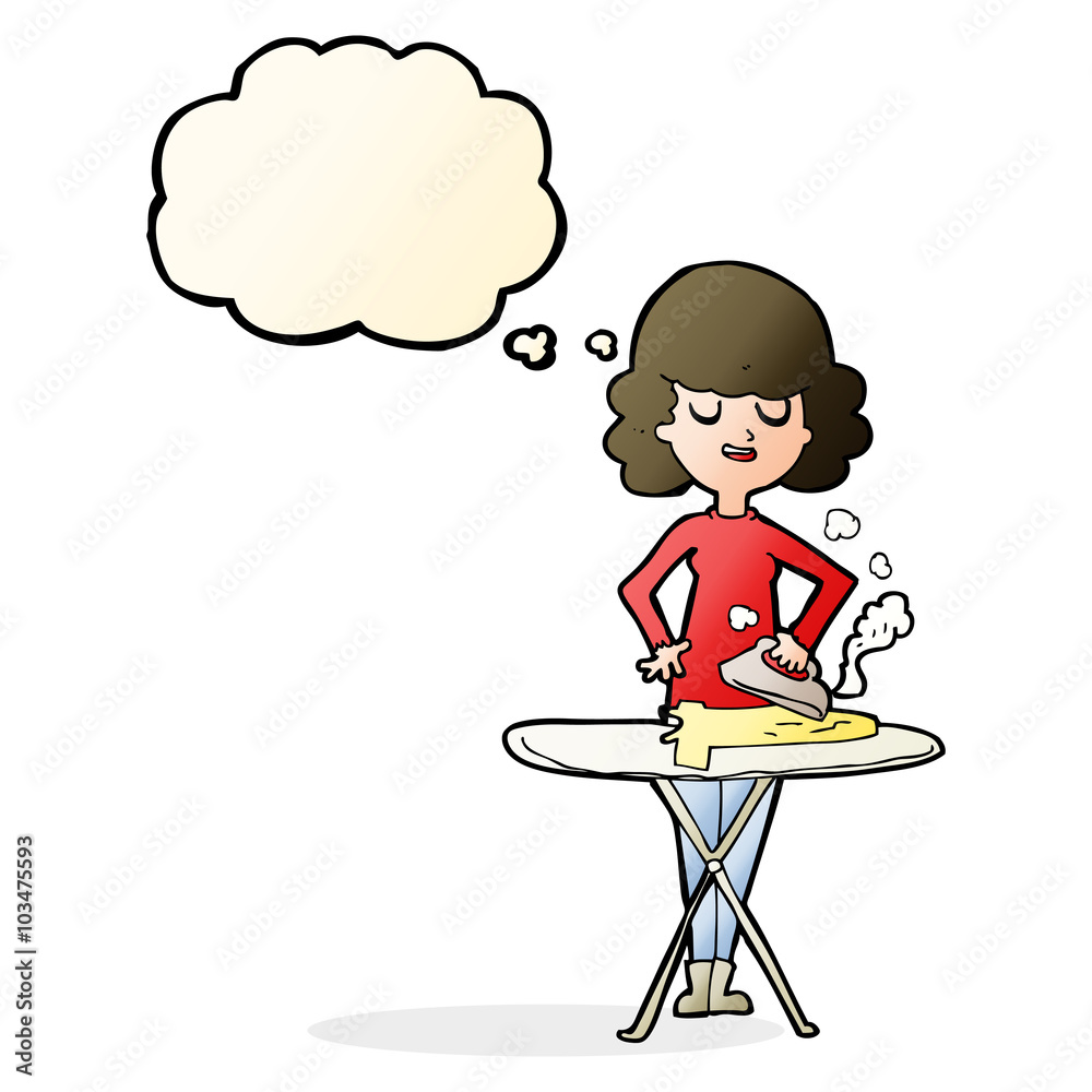 cartoon woman ironing with thought bubble cartoon woman ironing with thought bubble