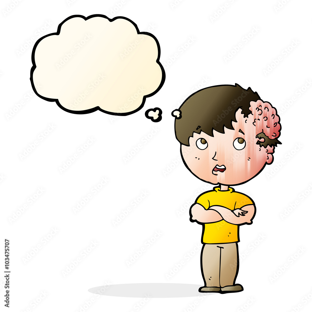 cartoon boy with growth on head with thought bubble cartoon boy with growth on head with thought bubble