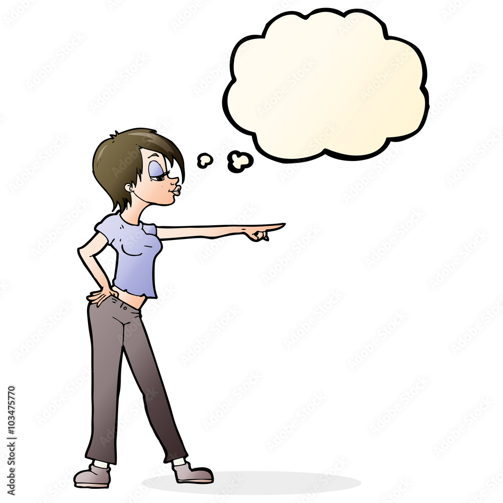 cartoon hip woman pointing with thought bubble cartoon hip woman pointing with thought bubble