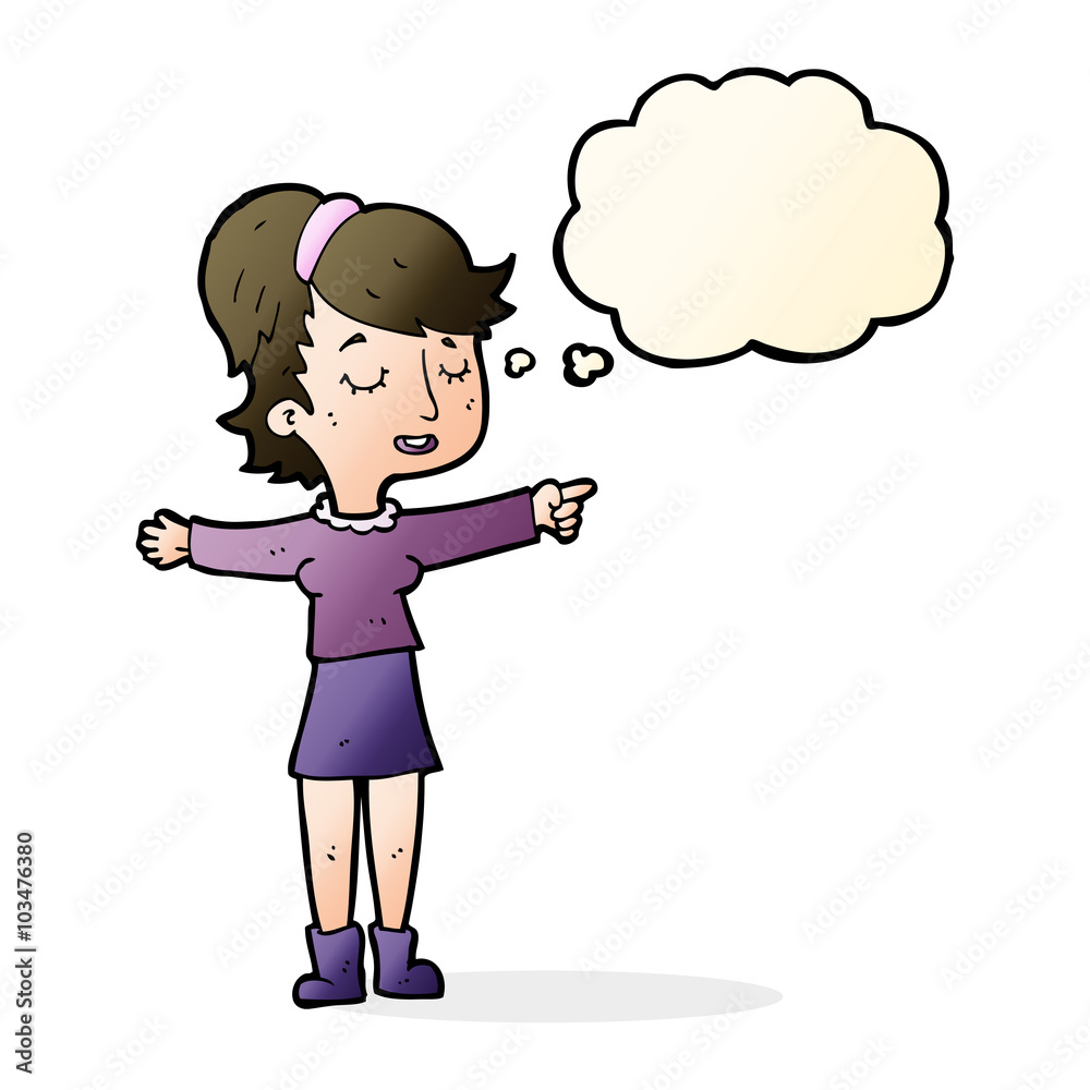 cartoon happy woman pointing with thought bubble cartoon happy woman pointing with thought bubble