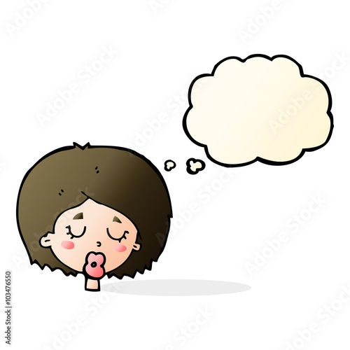 cartoon woman with eyes closed with thought bubble