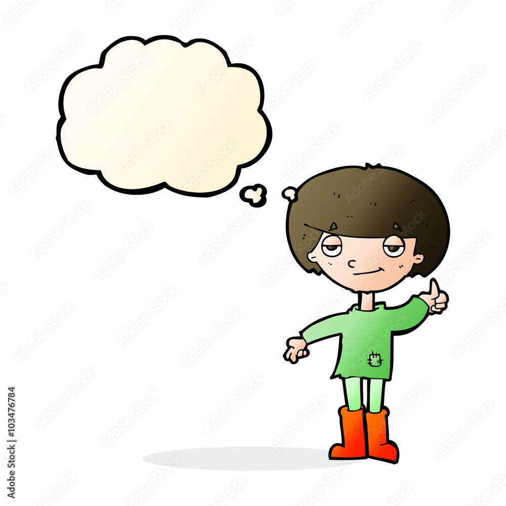 cartoon boy in poor clothing giving thumbs up symbol with though cartoon boy in poor clothing giving thumbs up symbol with though