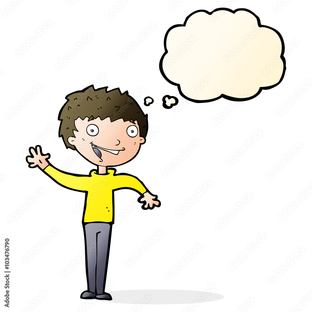 cartoon happy boy waving with thought bubble cartoon happy boy waving with thought bubble