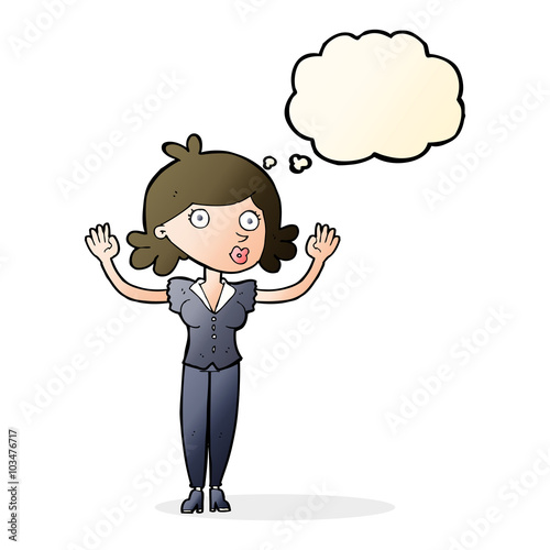 cartoon woman surrendering with thought bubble