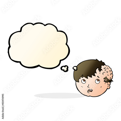 cartoon boy with ugly growth on head with thought bubble