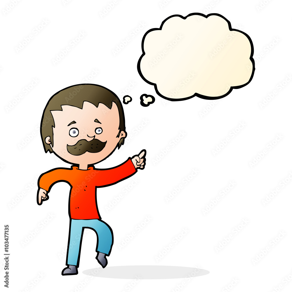 cartoon man with mustache pointing with thought bubble