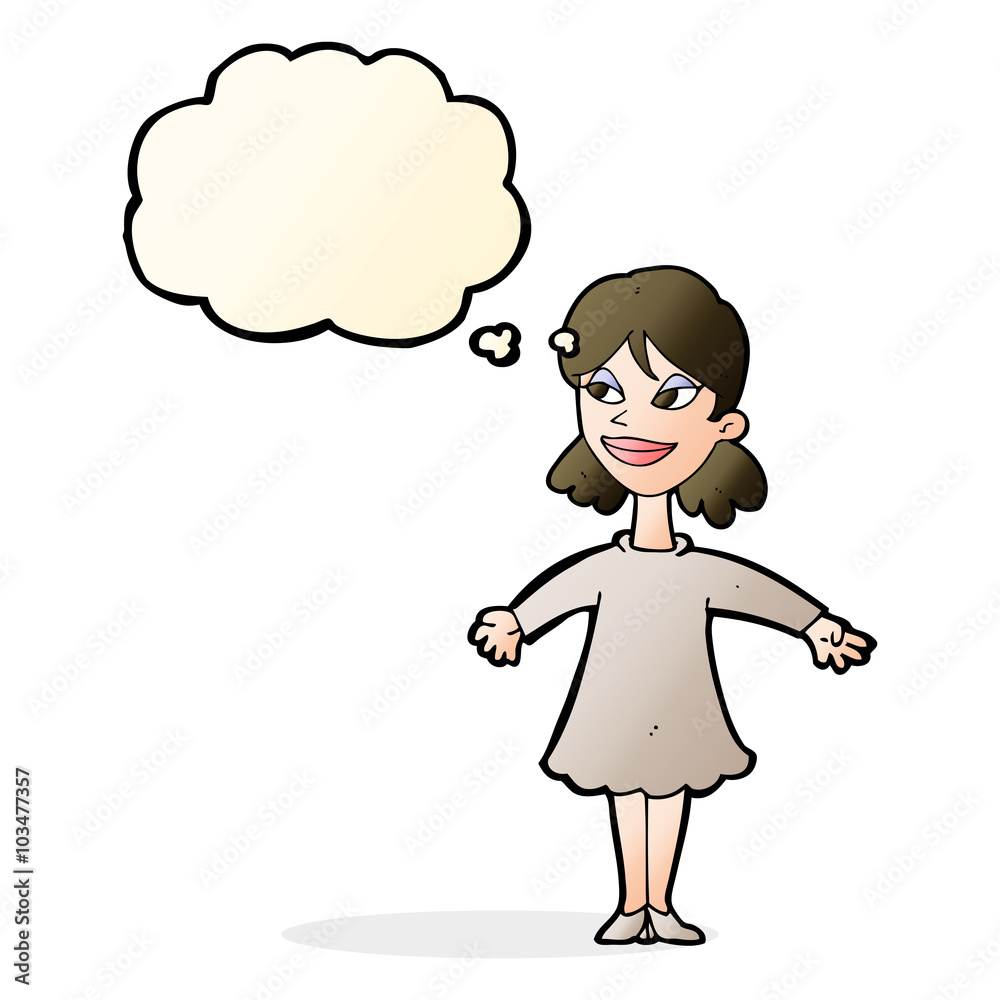 cartoon woman with open arms with thought bubble cartoon woman with open arms with thought bubble