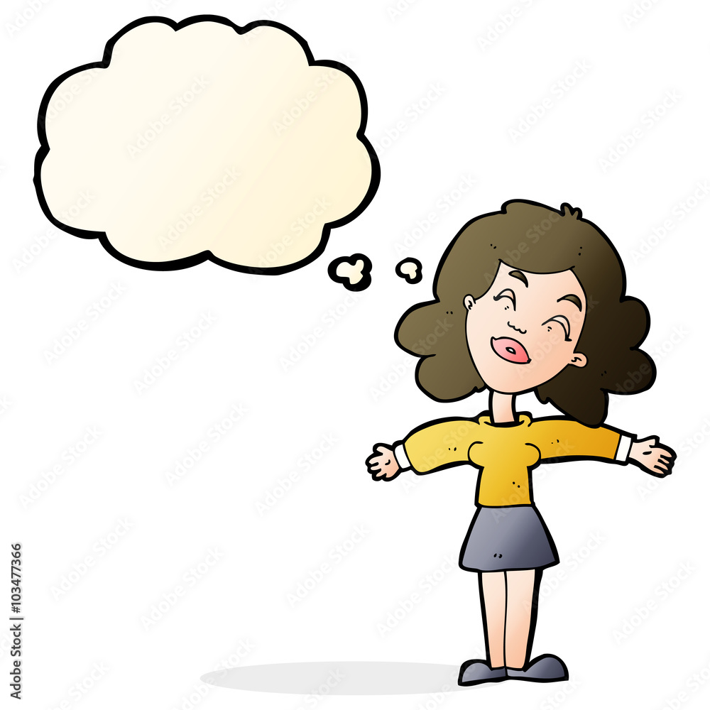 cartoon woman with open arms with thought bubble cartoon woman with open arms with thought bubble