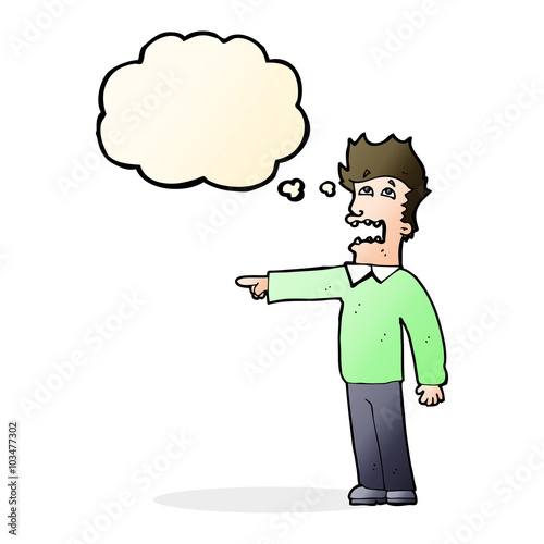 cartoon man accusing with thought bubble