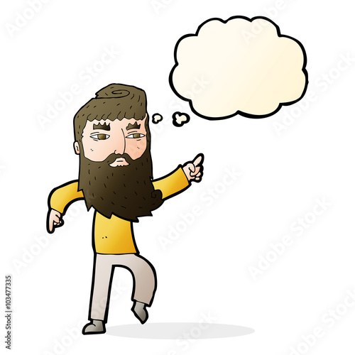 cartoon bearded man pointing the way with thought bubble