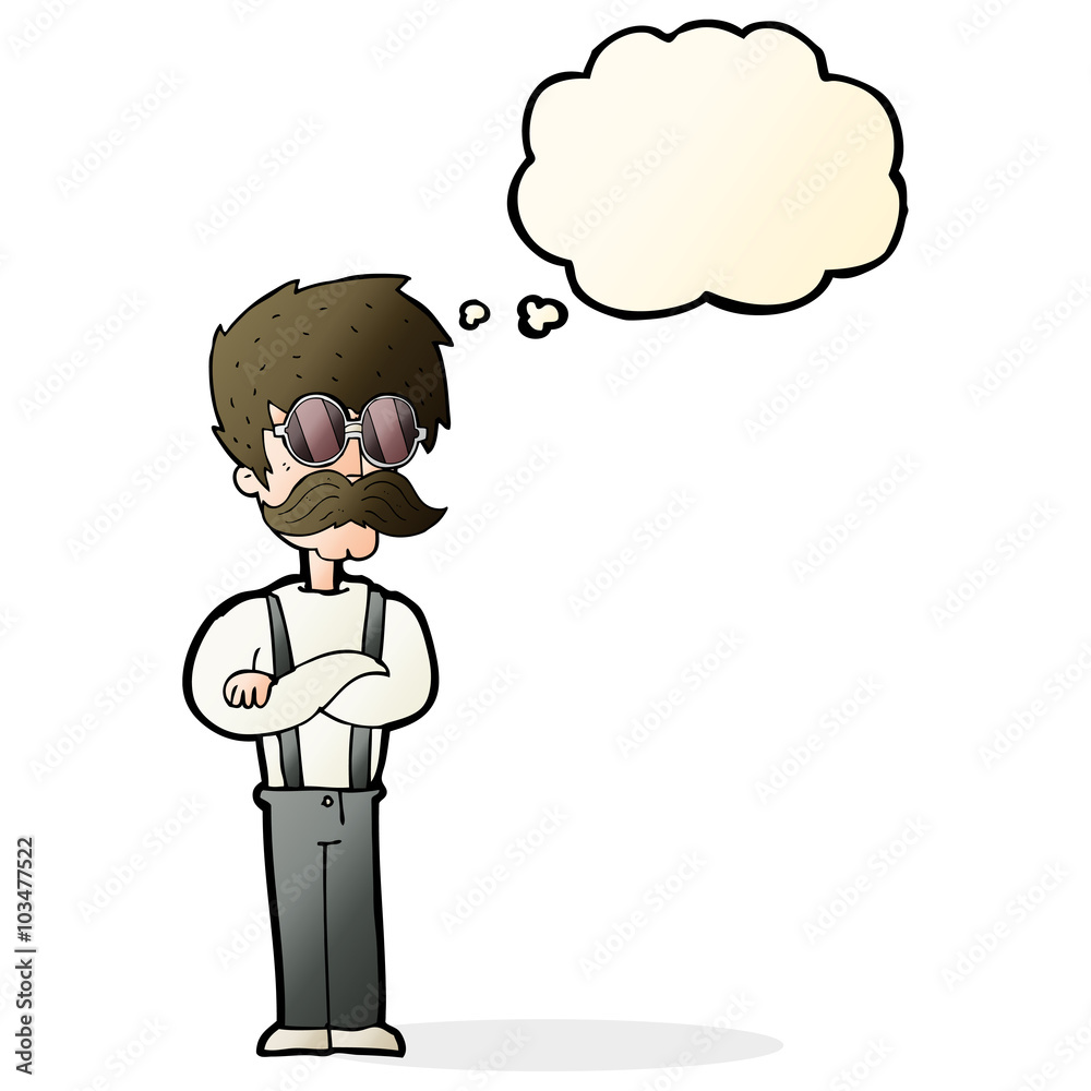 cartoon hipster man with mustache and spectacles with thought bu cartoon hipster man with mustache and spectacles with thought bu