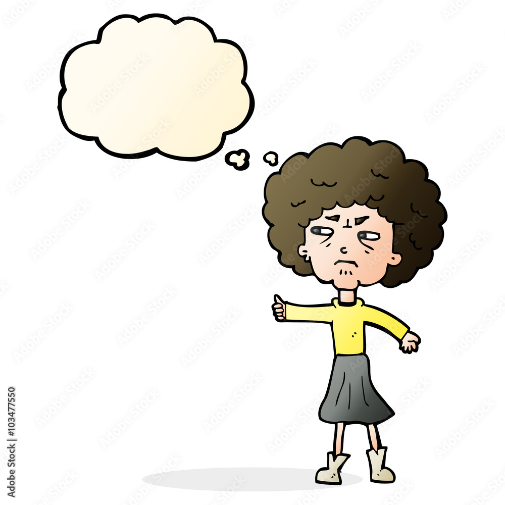 cartoon annoyed old woman with thought bubble