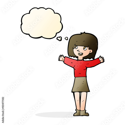 cartoon excited woman with thought bubble