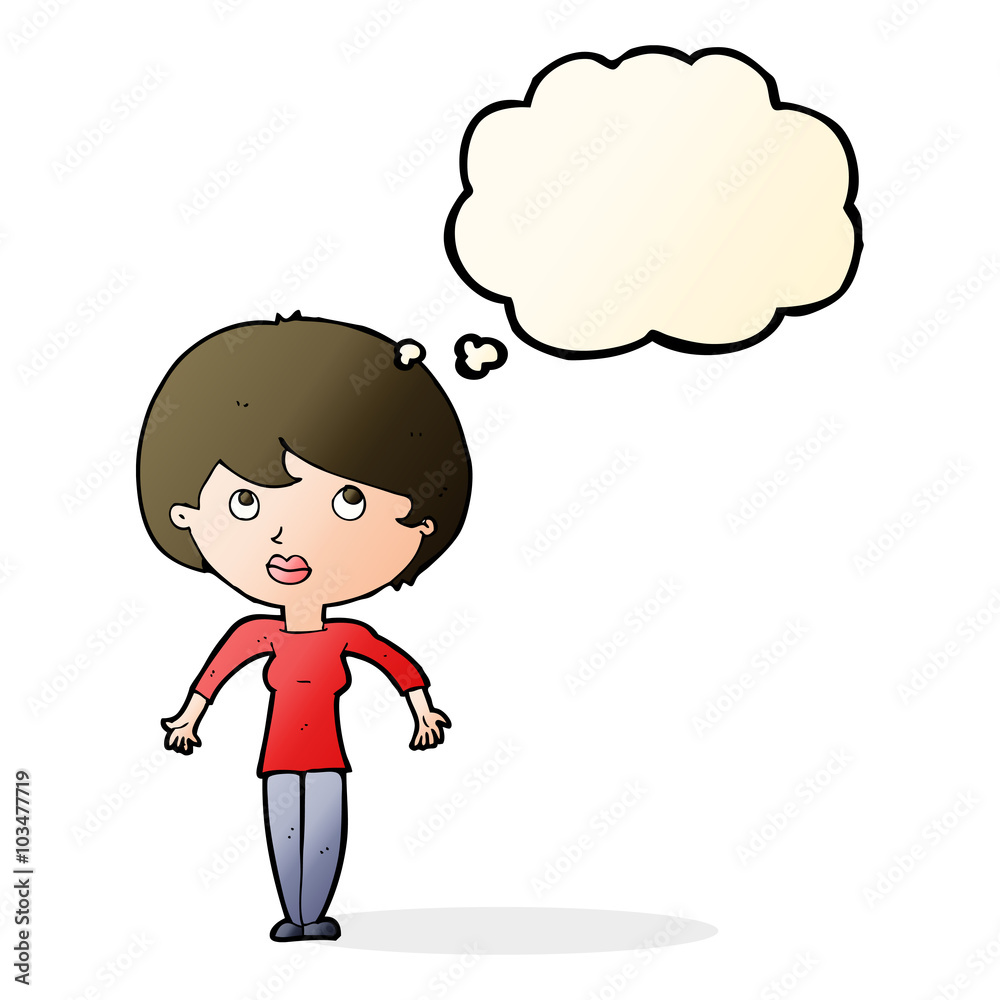 cartoon woman shrugging shoulders with thought bubble cartoon woman shrugging shoulders with thought bubble