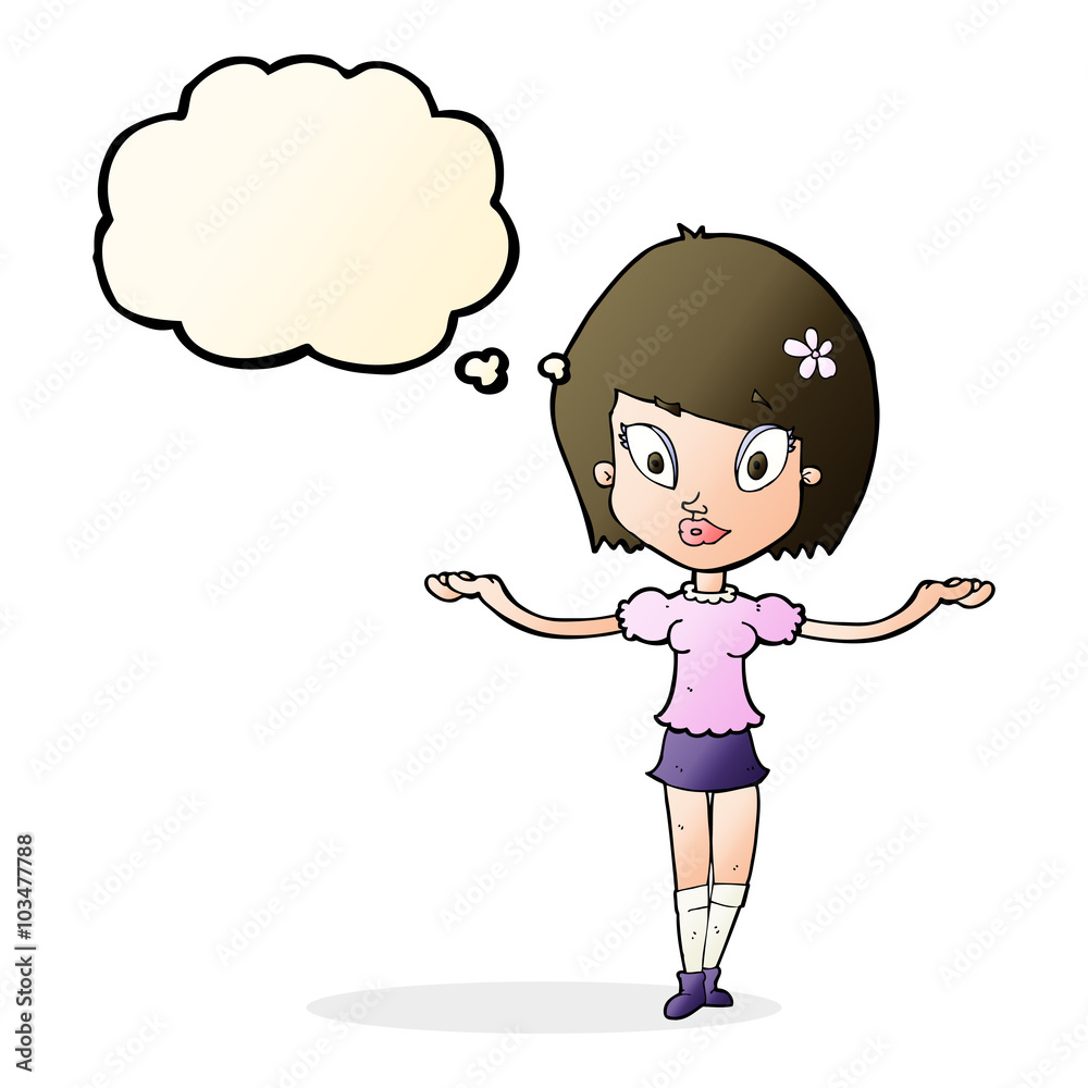 cartoon woman making balancing gesture with thought bubble cartoon woman making balancing gesture with thought bubble