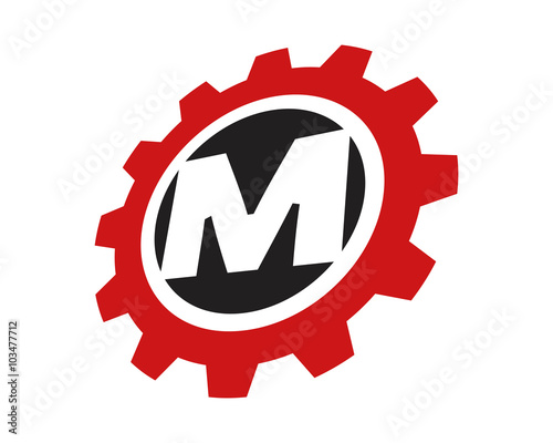 M red gear letter logo