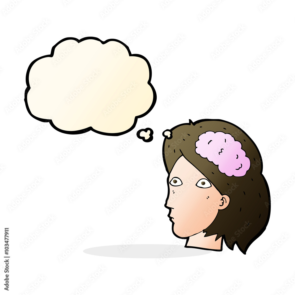 cartoon female head with brain symbol with thought bubble cartoon female head with brain symbol with thought bubble