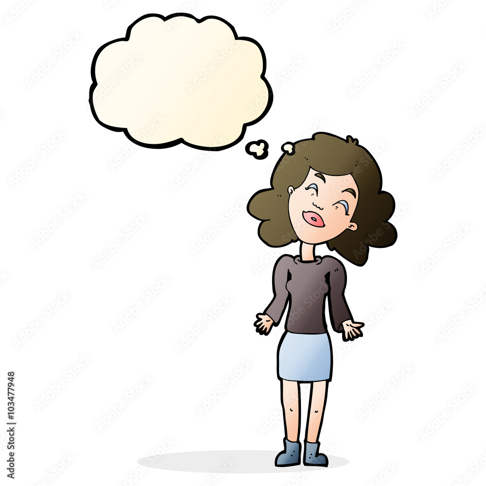 cartoon woman shrugging shoulders with thought bubble cartoon woman shrugging shoulders with thought bubble
