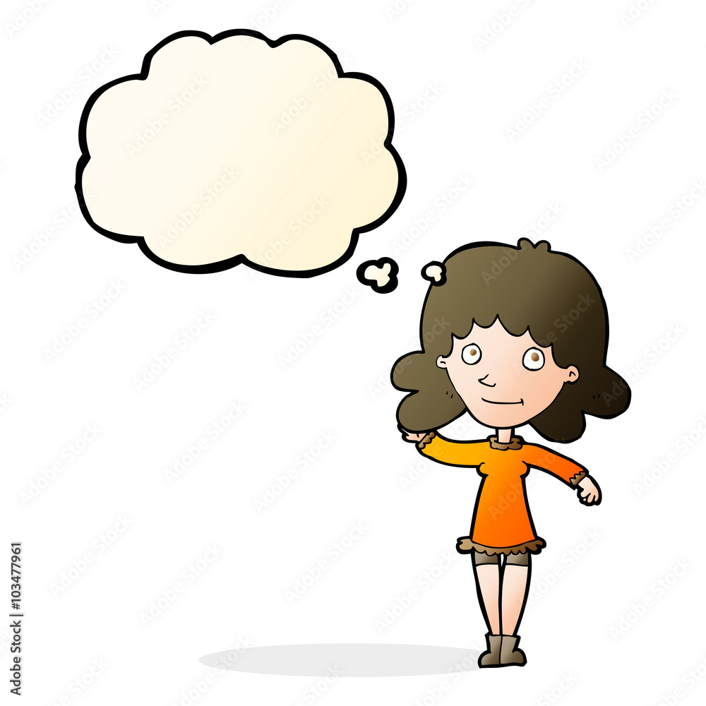 cartoon friendly woman waving with thought bubble cartoon friendly woman waving with thought bubble