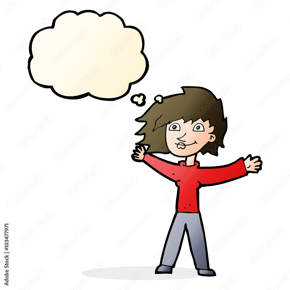 cartoon excited woman waving with thought bubble cartoon excited woman waving with thought bubble