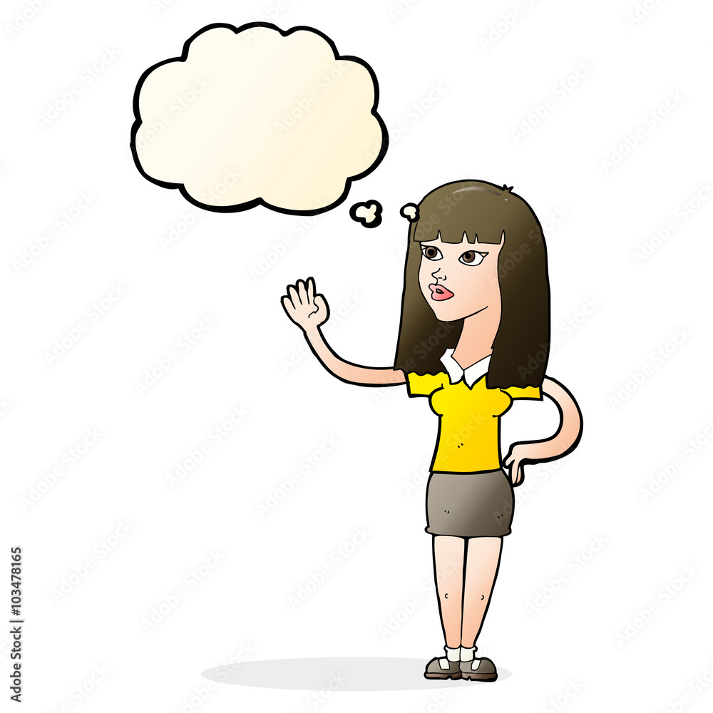 cartoon pretty woman waving with thought bubble cartoon pretty woman waving with thought bubble