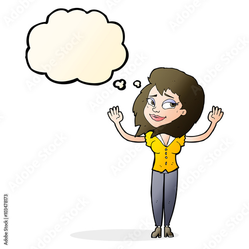 cartoon woman giving up with thought bubble
