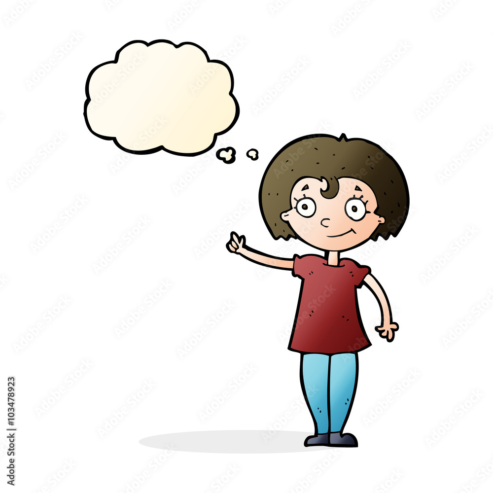 cartoon happy woman pointing with thought bubble cartoon happy woman pointing with thought bubble