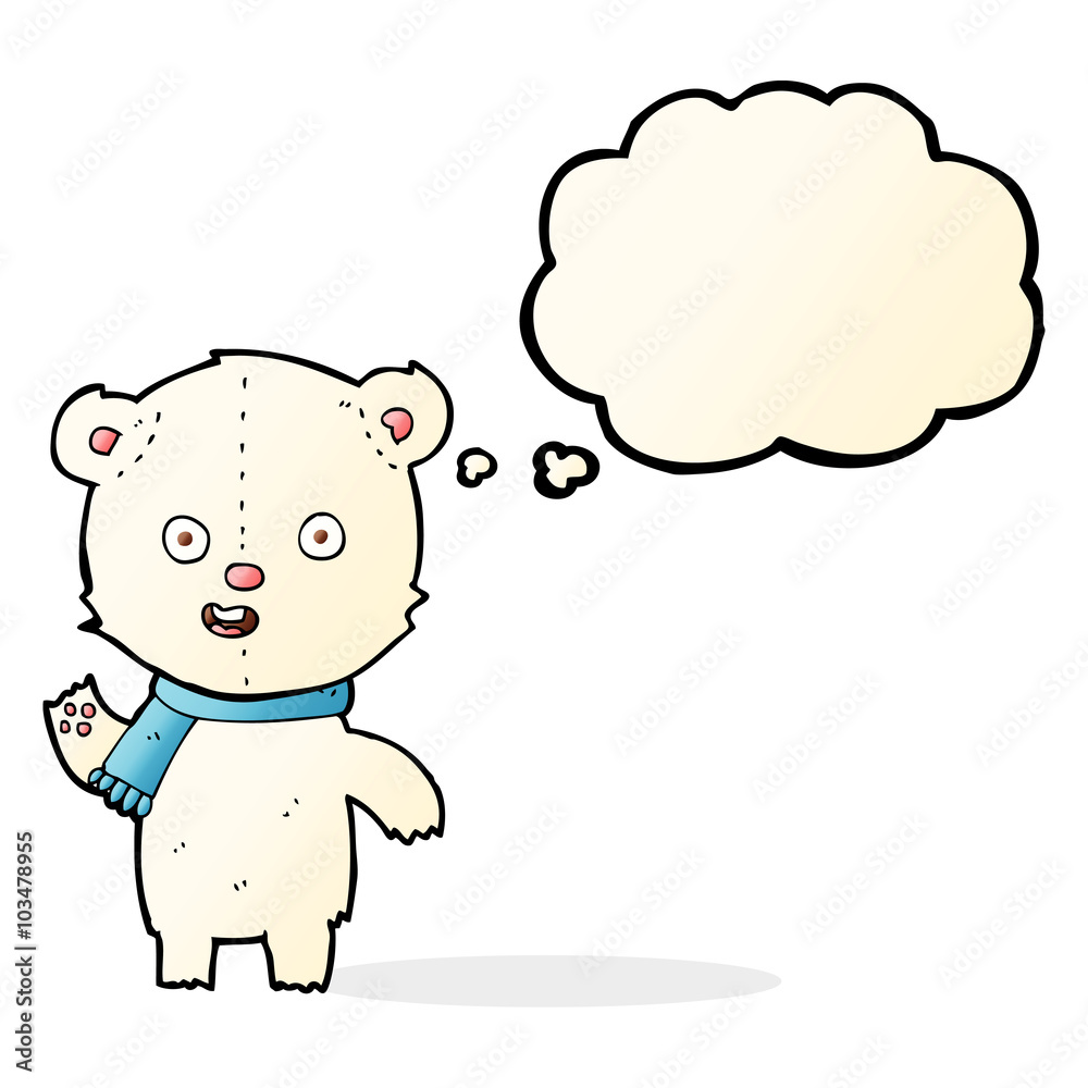 cartoon waving polar bear cub with scarf with thought bubble cartoon waving polar bear cub with scarf with thought bubble