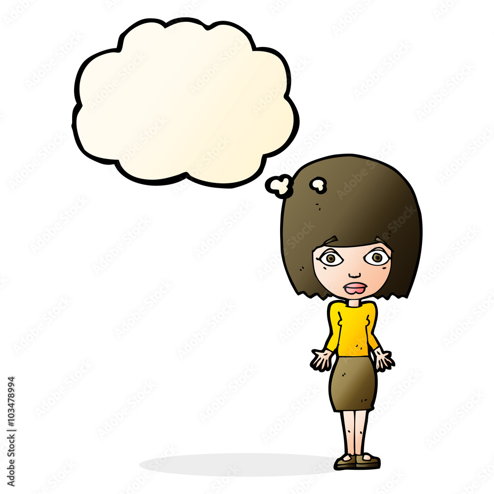 cartoon woman shrugging shoulders with thought bubble cartoon woman shrugging shoulders with thought bubble