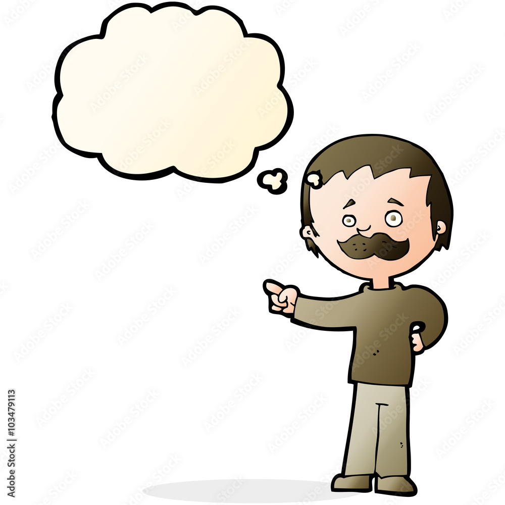 cartoon man with mustache pointing with thought bubble cartoon man with mustache pointing with thought bubble